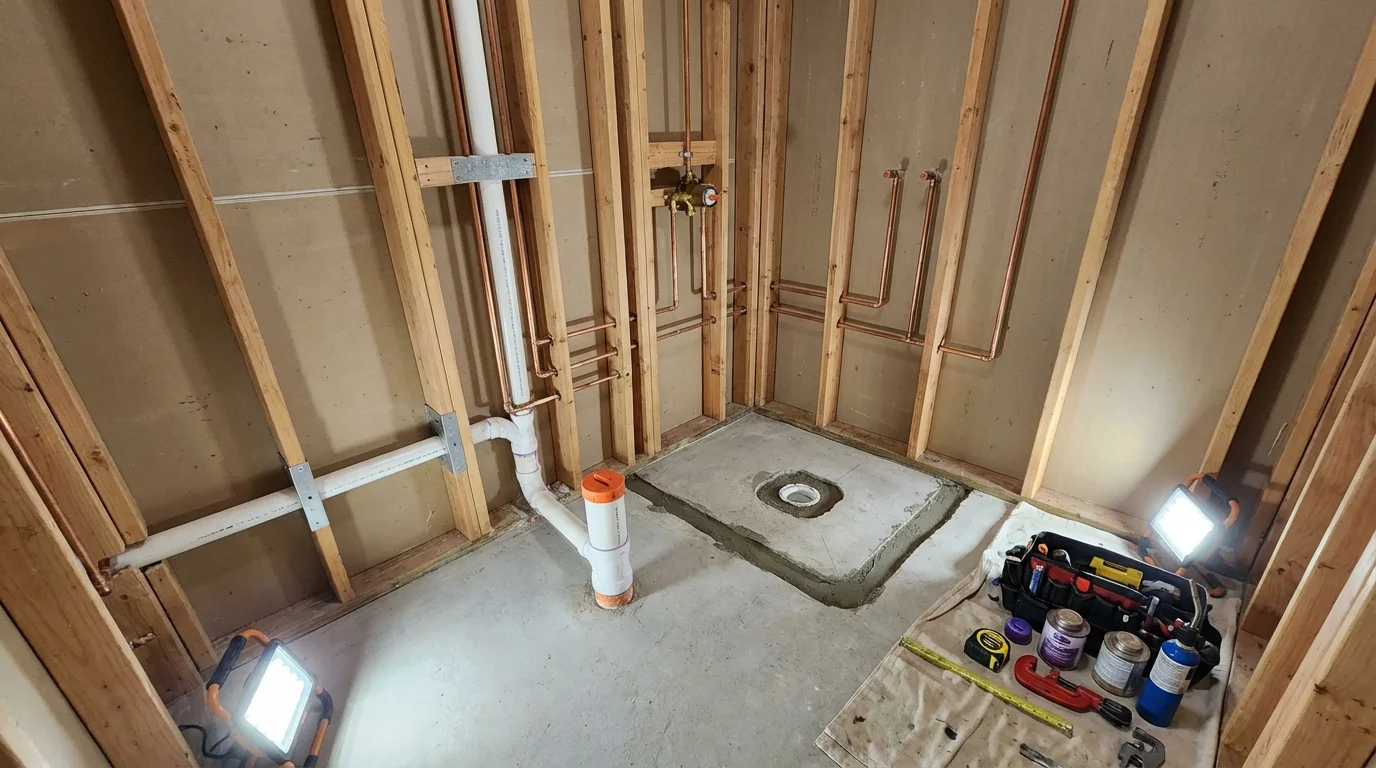 Bathroom rough-in plumbing during remodel by Johns Plumbing LLC in Loving