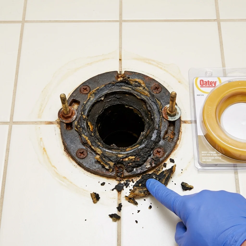Failed wax ring showing water seepage at the base of a toilet in a Loving, NM home