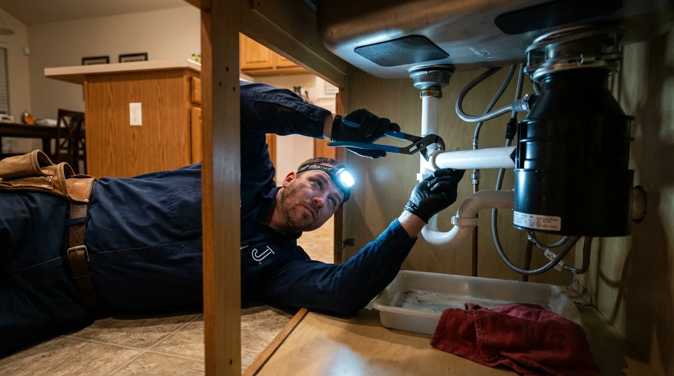 P-trap and supply line connections under a kitchen sink showing a common leak point in Loving, NM